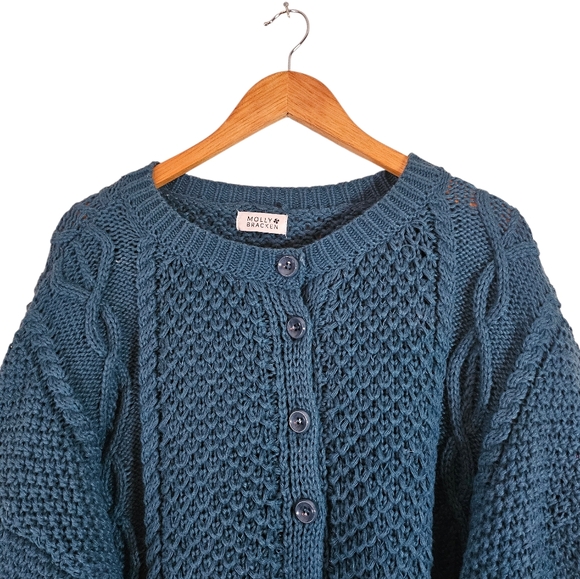 Molly Bracken Chunky Cable Knit Cardigan Sweater Teal Blue Green, Size L - Picture 2 of 7